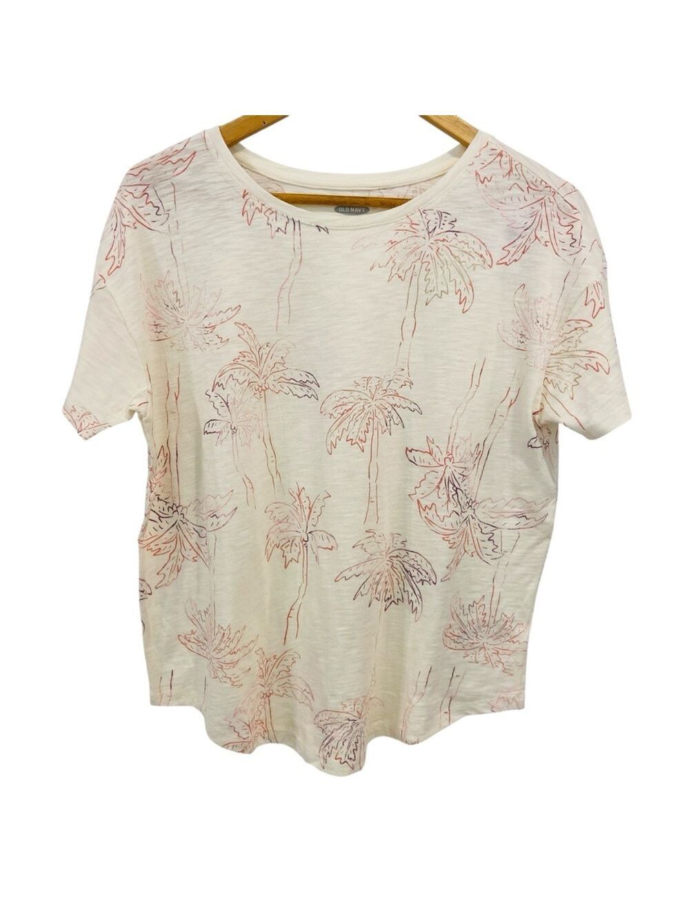 NWT Boxy crop tee shirt sleeves round neck cotton &modal medium palm trees cream